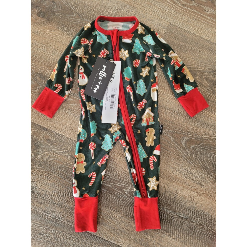 Millie + Roo Bamboo Zip Romper 0-3 Christmas Holiday Gingerbread Green Red #6‎